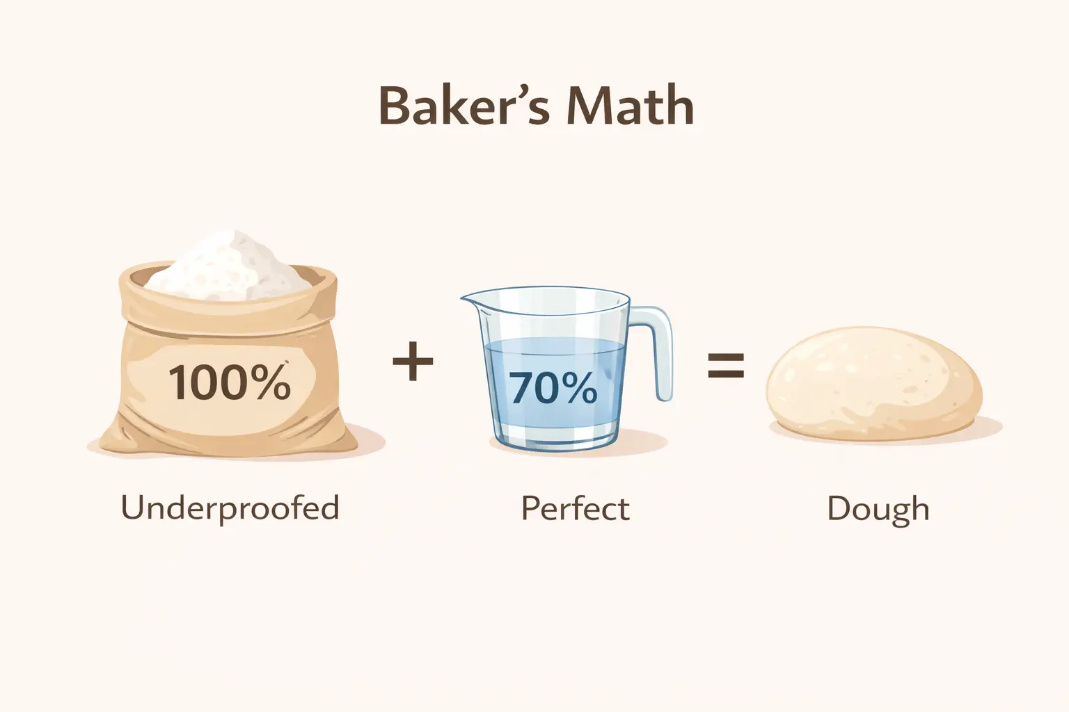 Visual explanation of Baker's Math formula showing flour as 100% basis with water, starter and salt as percentages of total flour weight