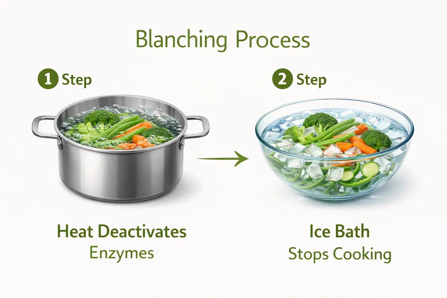 Two-step instructional illustration of blanching process: Step 1 boiling water deactivates enzymes, Step 2 ice bath stops cooking to preserve color and texture