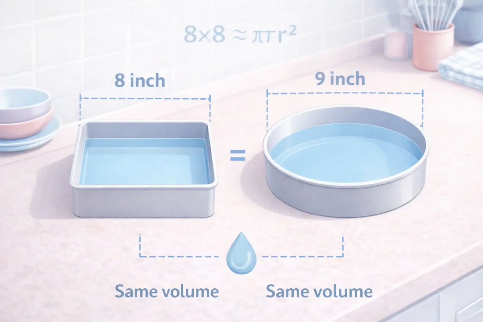 Geometric comparison proving 8-inch square pan (64 sq in) holds same batter volume as 9-inch round pan (~64 sq in) making them interchangeable