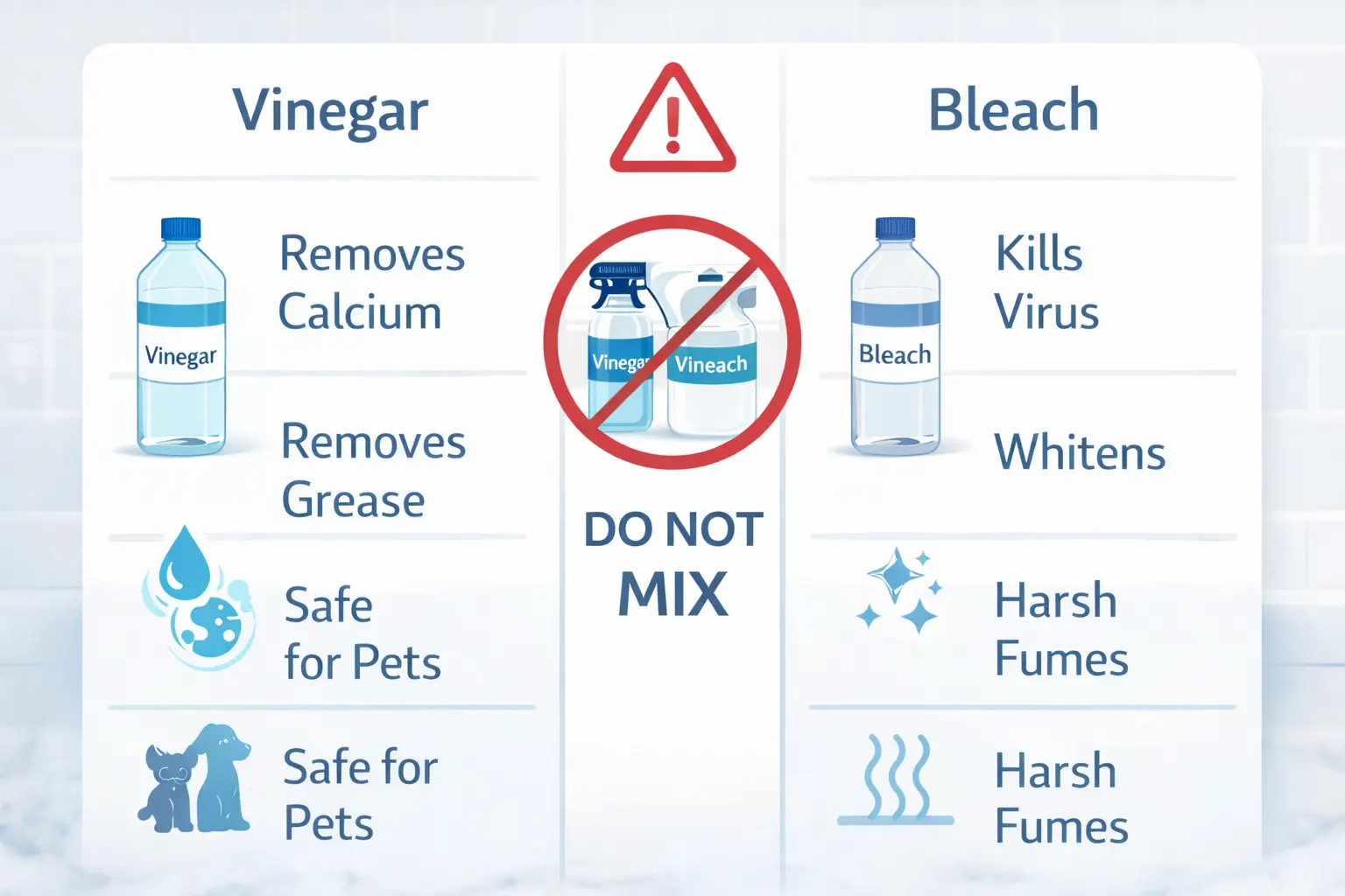 Comparison chart showing vinegar is an acid for mineral deposits and grease while bleach is a base for sanitizing with safety warning never mix vinegar and bleach