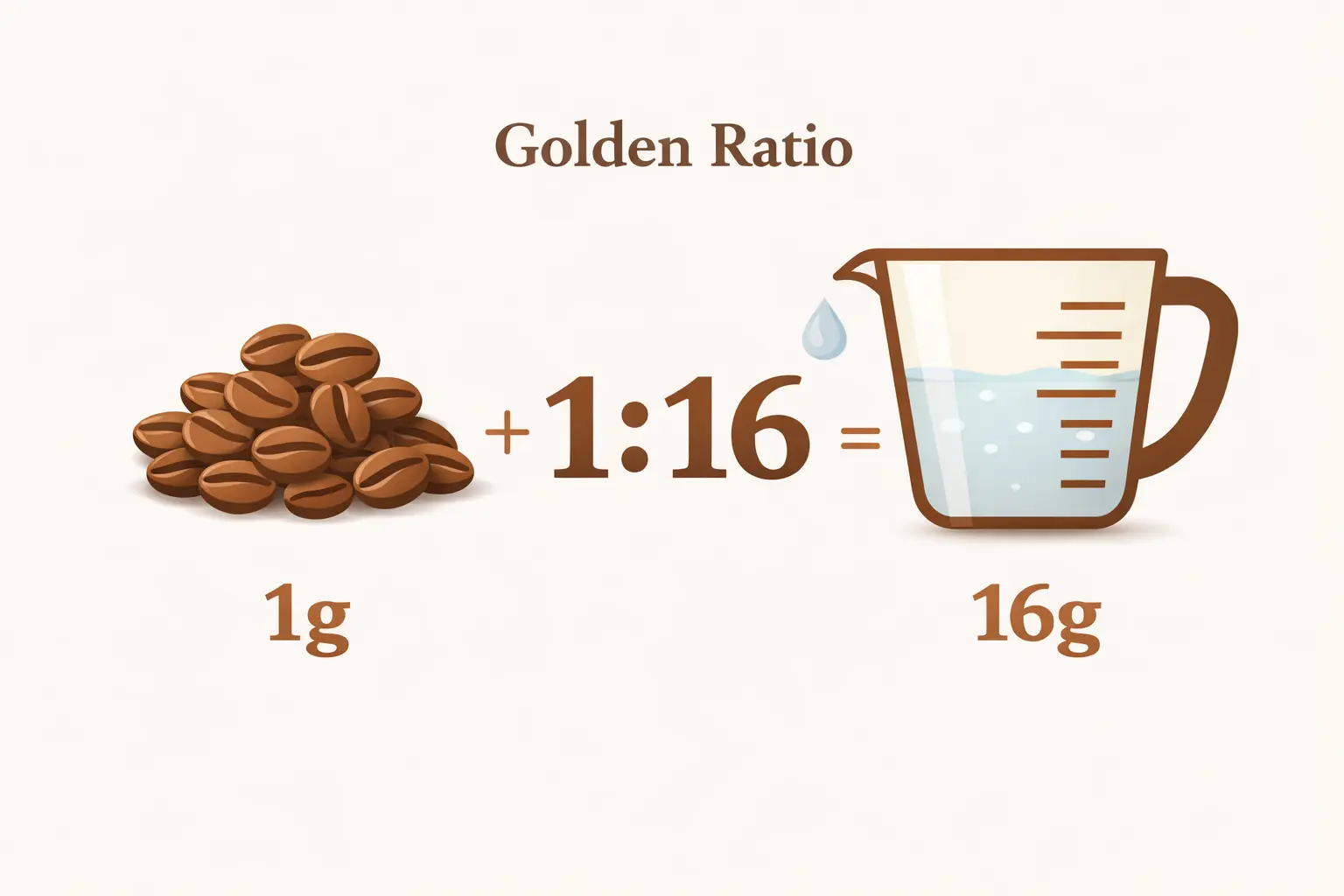 SCAA Golden Cup Standard infographic showing perfect coffee brewing ratio of 1 gram coffee to 16 grams water for optimal flavor extraction