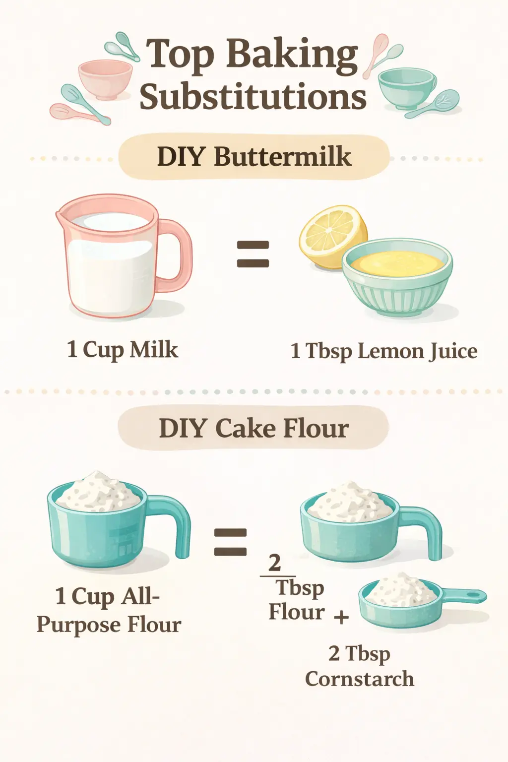 Common baking substitution cheat sheet showing DIY Buttermilk with milk plus vinegar and DIY Cake Flour with all-purpose flour plus cornstarch for missing ingredients