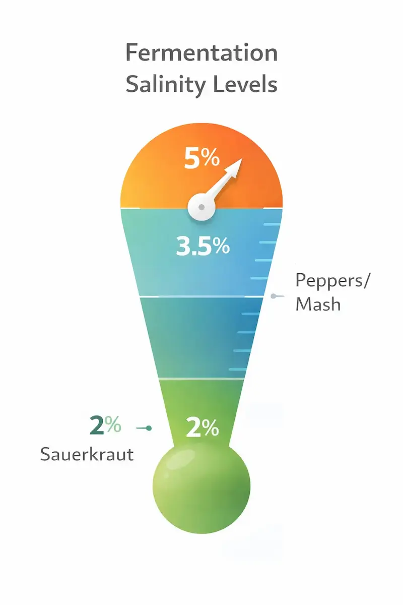 Fermentation salinity gauge: 2% for sauerkraut, 3.5% for pickles, 5% for peppers