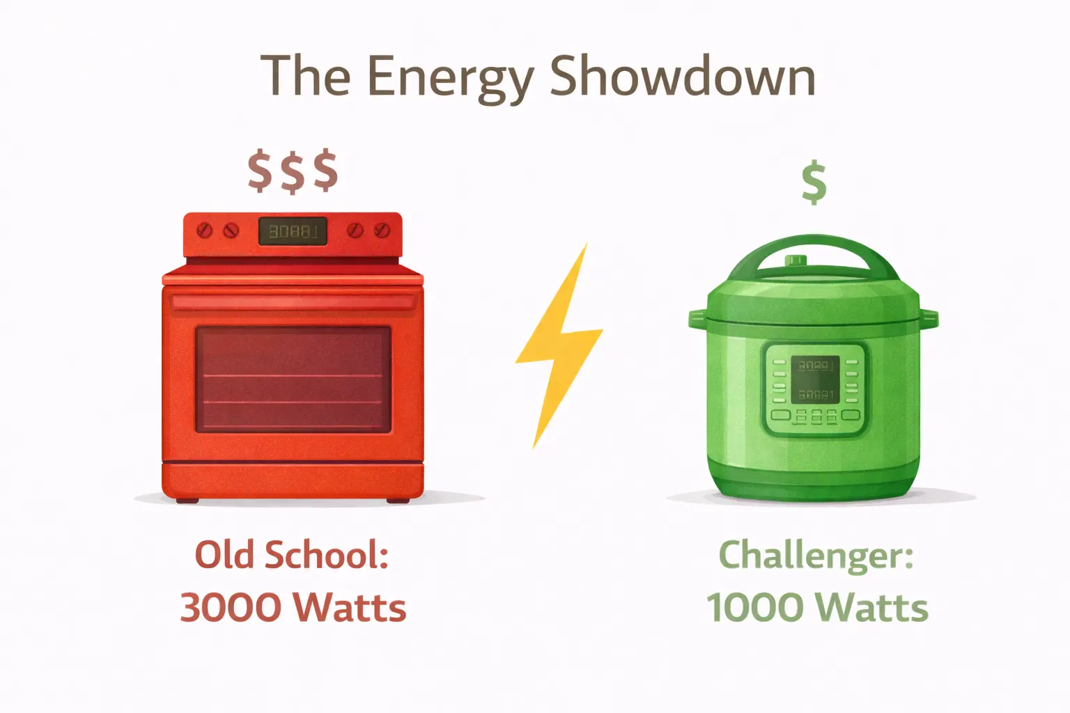 Diagram illustrating thermal inefficiency. The left shows an oven wasting energy by heating empty air and metal racks. The right shows a small appliance focusing heat directly on the food.