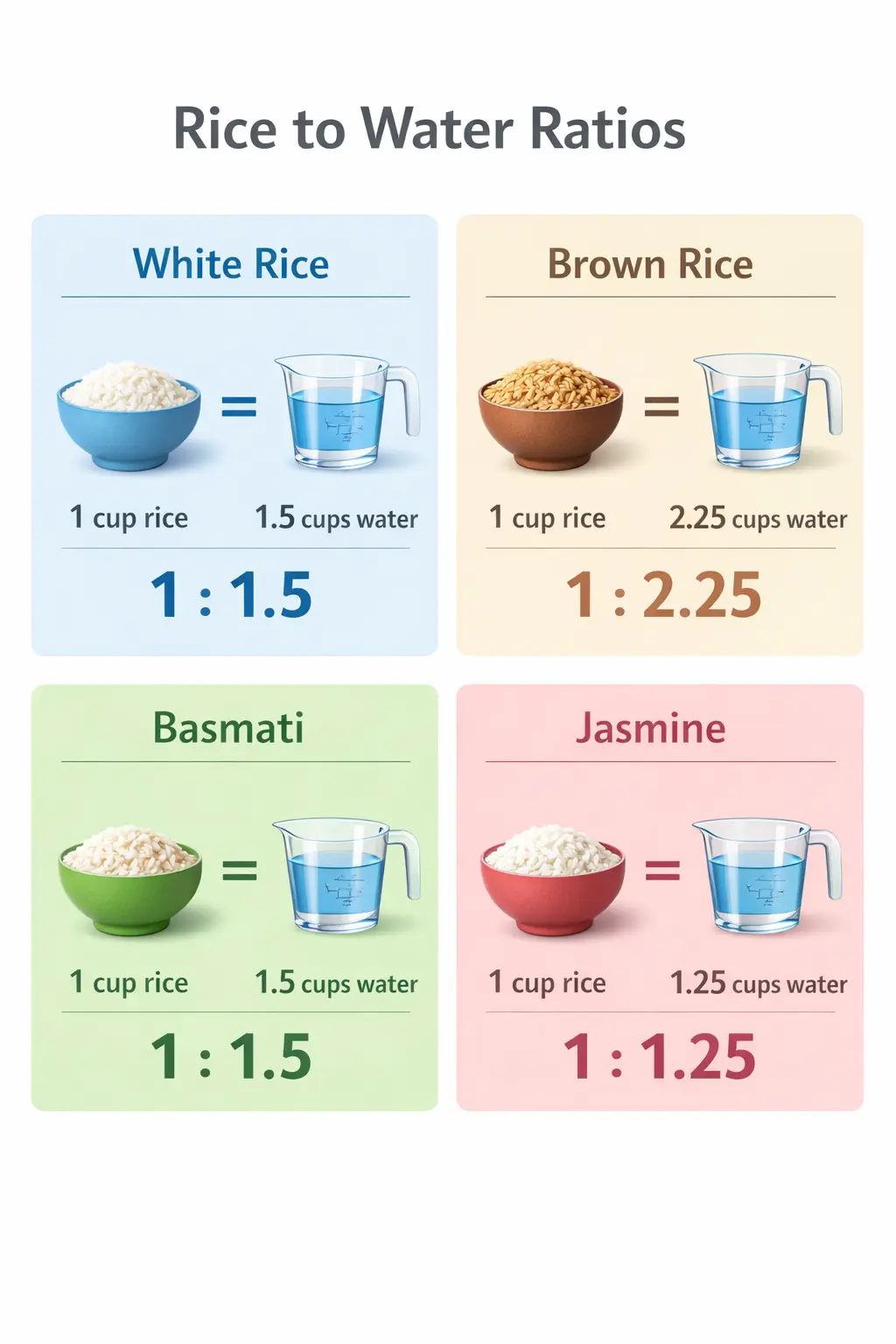 Infographic chart showing perfect water-to-grain ratios for stovetop cooking: White Rice requires 1:1.5 ratio, Brown Rice requires 1:2.25 ratio.