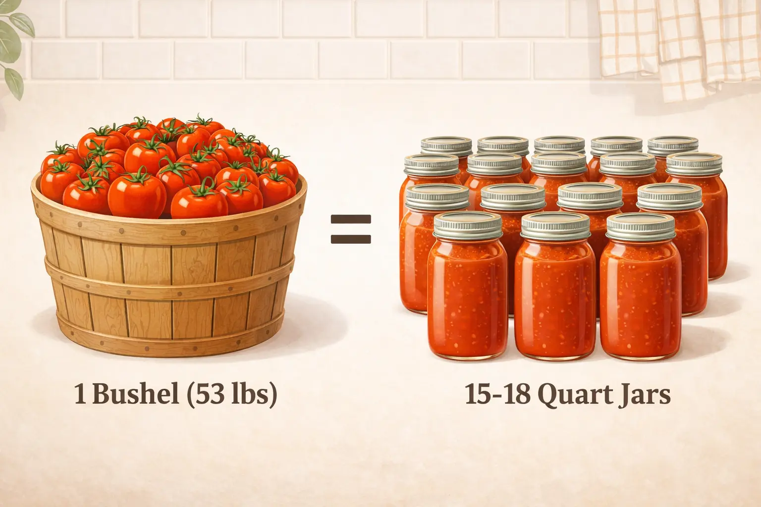 Canning yield conversion chart showing 1 Bushel of tomatoes equals approximately 15 to 18 Quart jars of sauce per USDA harvest guide