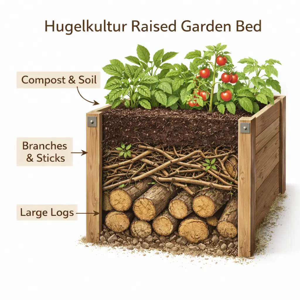 Cross-section diagram of raised garden bed using Hugelkultur method showing bottom layer of logs, middle layer of branches, and top layer of compost with plants growing on top