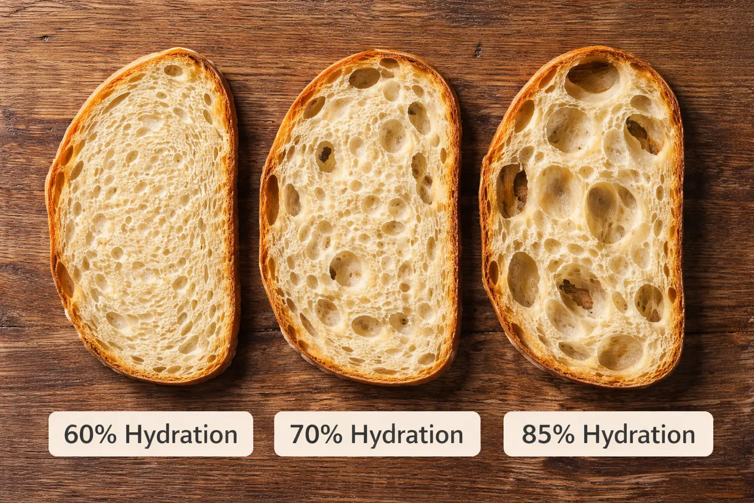 Sourdough crumb structure comparison: Low hydration vs High hydration