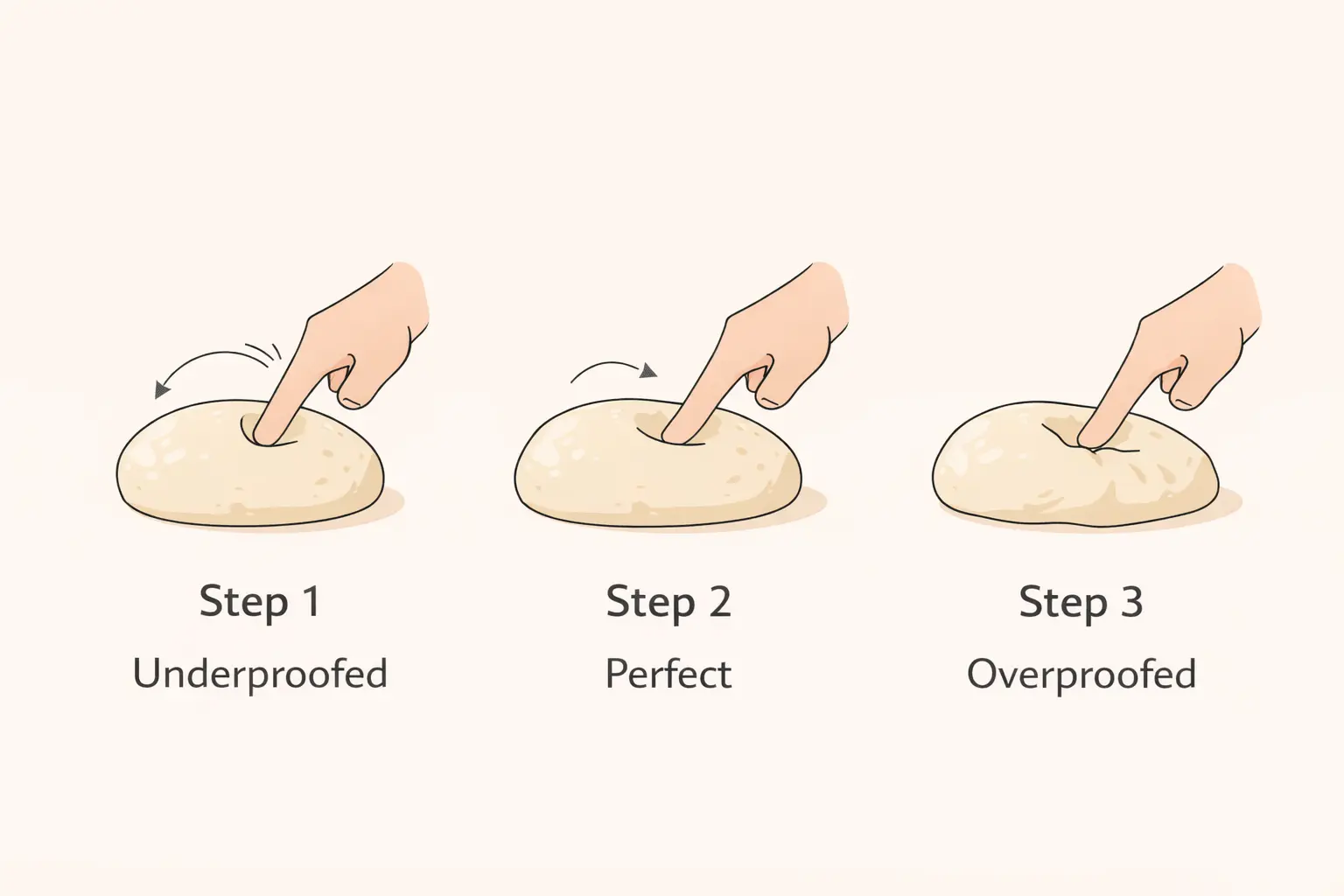Sourdough poke test guide showing underproofed (springs back fast), perfect (springs back slowly), and overproofed (stays dented)