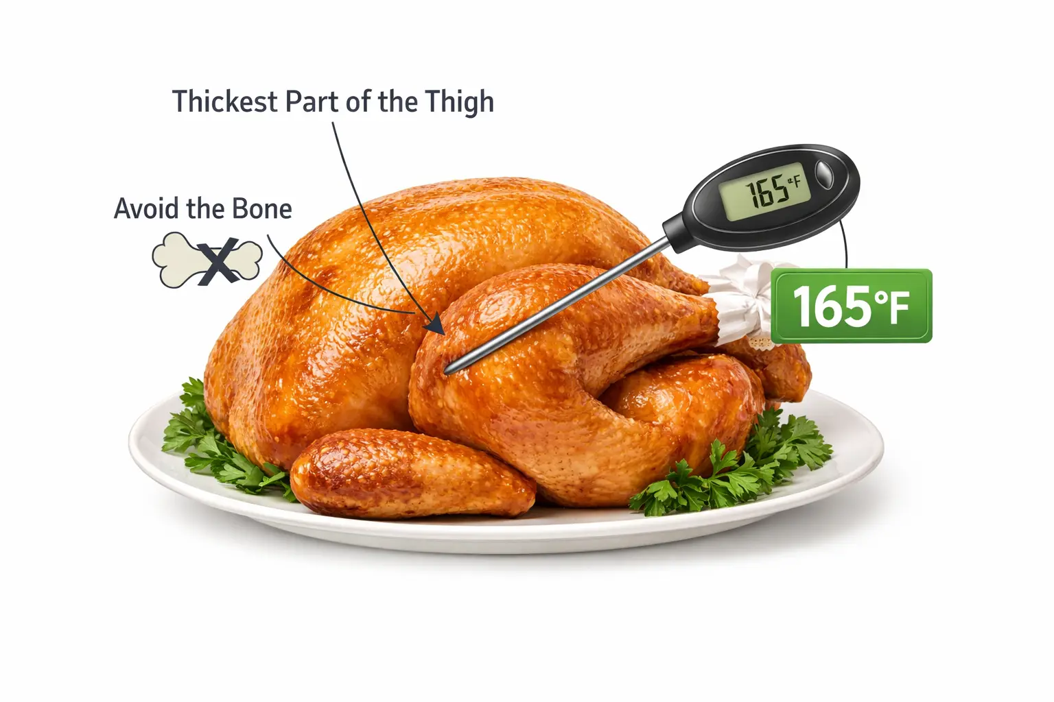 Cross-section diagram showing correct thermometer placement in turkey thigh and breast to verify 165°F safe internal temperature