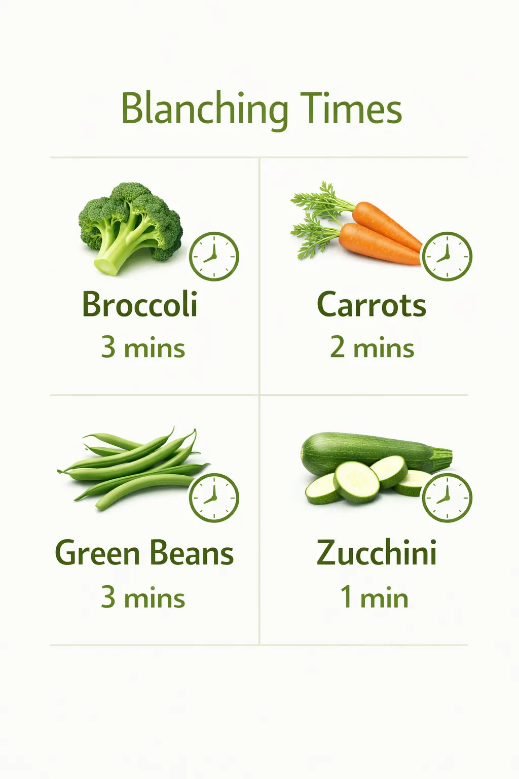 Infographic chart showing blanching times for common vegetables: Broccoli (3 mins), Green Beans (3 mins), Carrots (2 mins), Peas (2 mins) with clock icons