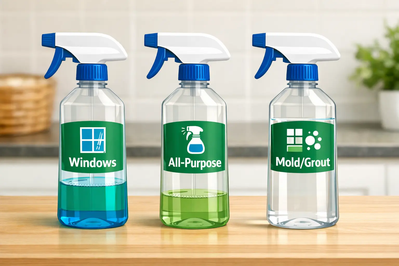 Three spray bottles showing DIY vinegar cleaning solution ratios: 50/50 for windows, 1:2 for all-purpose, undiluted for heavy-duty mold removal