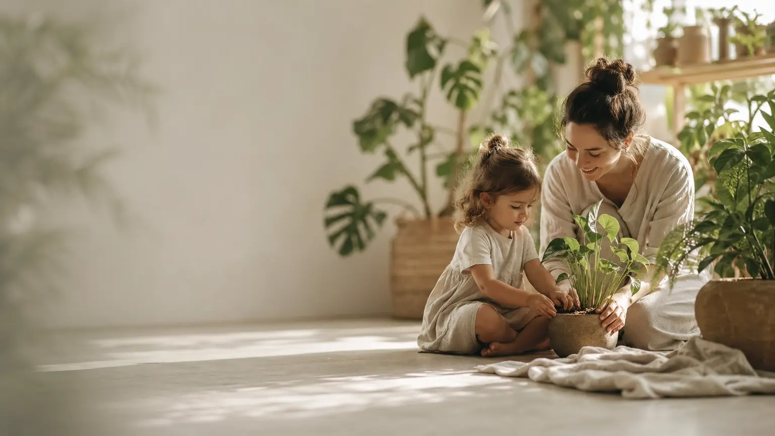 A mother and child with plants in warm sunlight